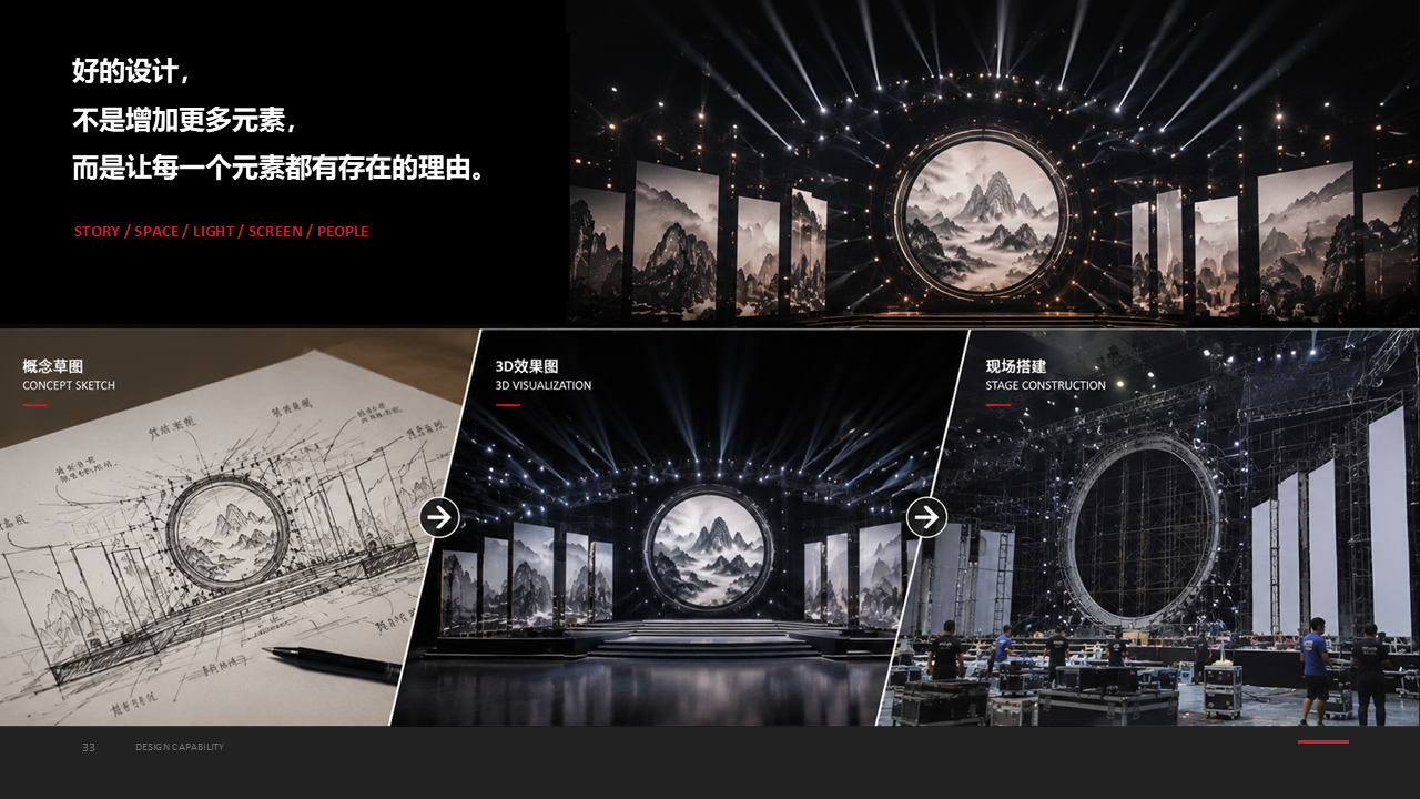 舞台概念草图、三维效果与现场搭建全过程